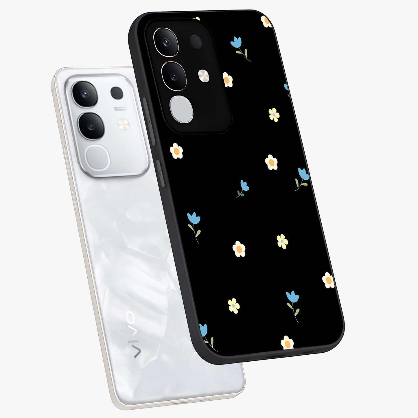 Minimal Petal Whispers Glass Case displayed in angled mockup highlighting delicate petal design with clean minimal aesthetic.