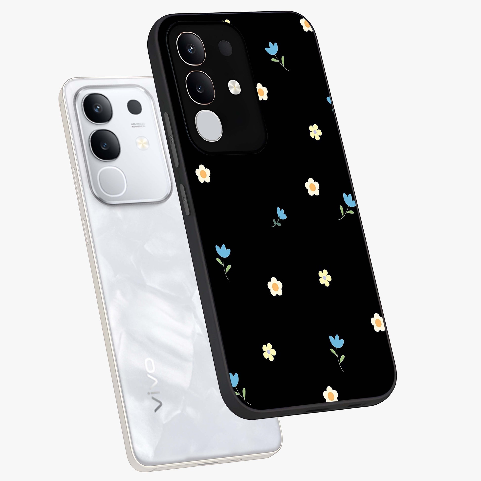Minimal Petal Whispers Glass Case displayed in angled mockup highlighting delicate petal design with clean minimal aesthetic.