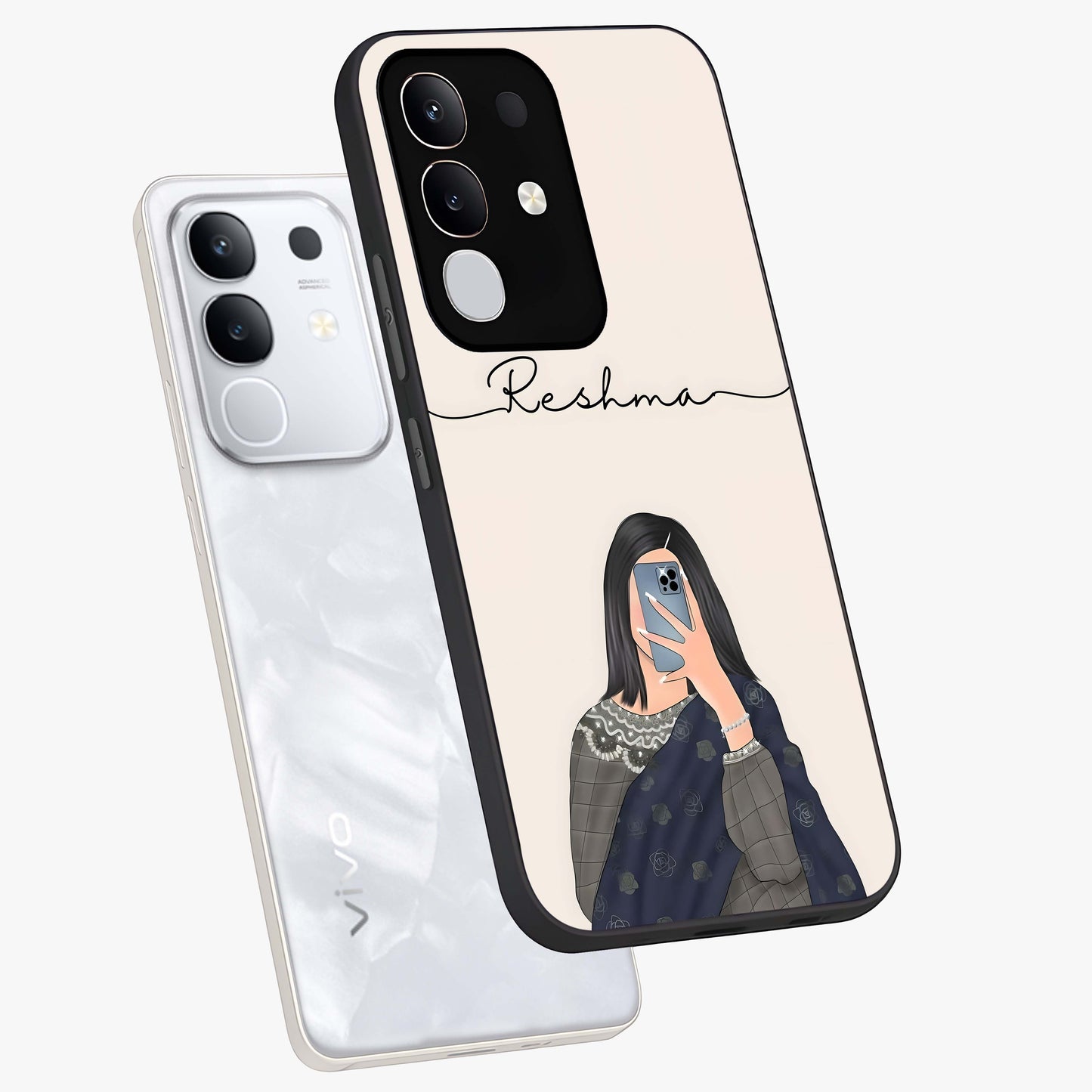 Mirror Mood Muse With Custom Name Glass Case displayed in angled mockup highlighting aesthetic mirror inspired design with custom name feature.