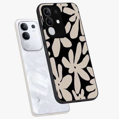 Monochrome Petal Dance Glass Case displayed in angled mockup highlighting elegant petal design with black and white aesthetic.