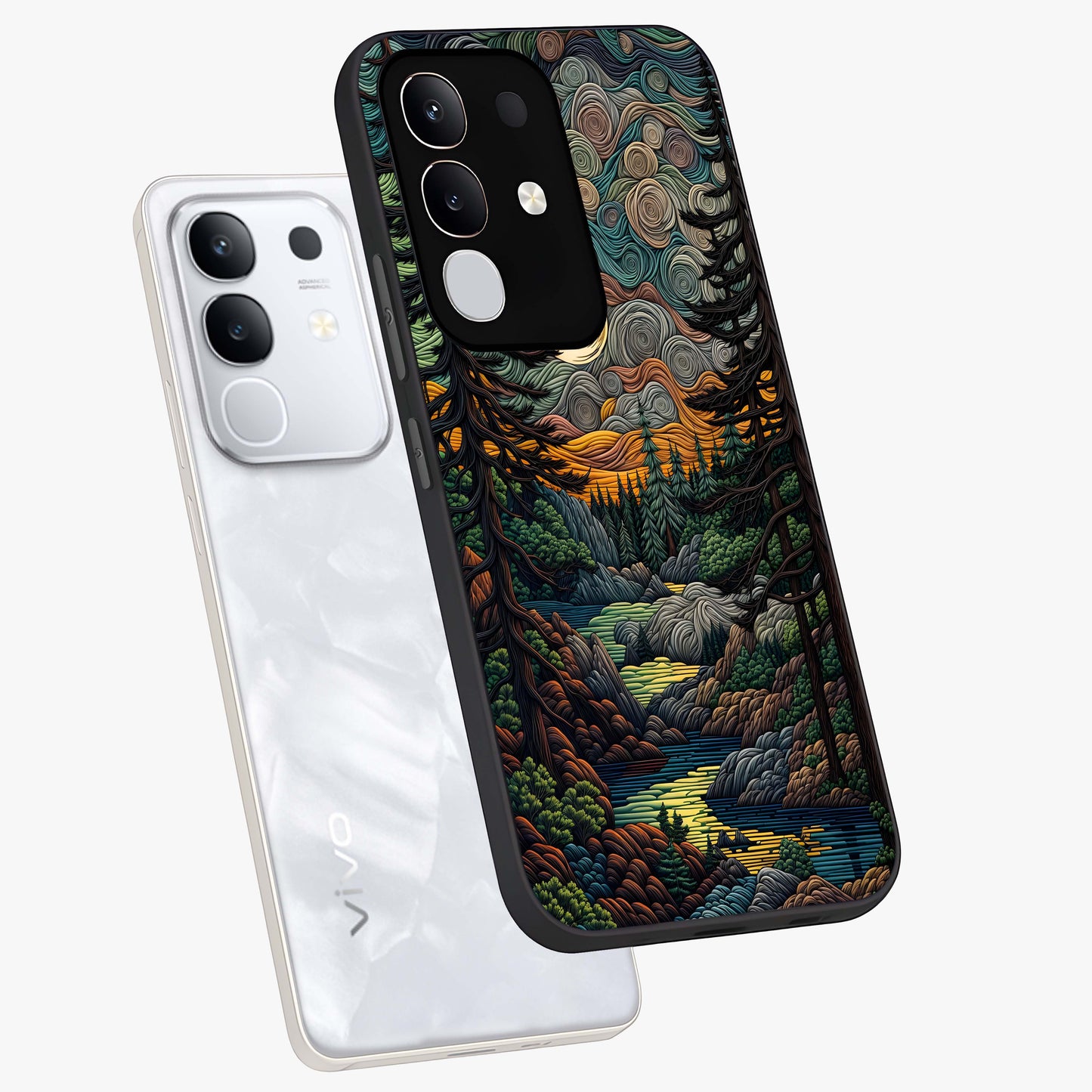 Moonlight Forest Dream Glass Case displayed in angled mockup highlighting dreamy forest design with glowing moon aesthetic.