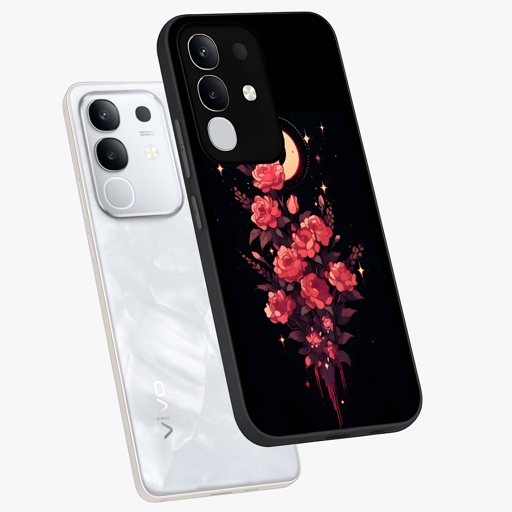 Moonlit Floral Elegance Glass Case displayed in angled mockup highlighting graceful flower design with soft moonlight aesthetic.