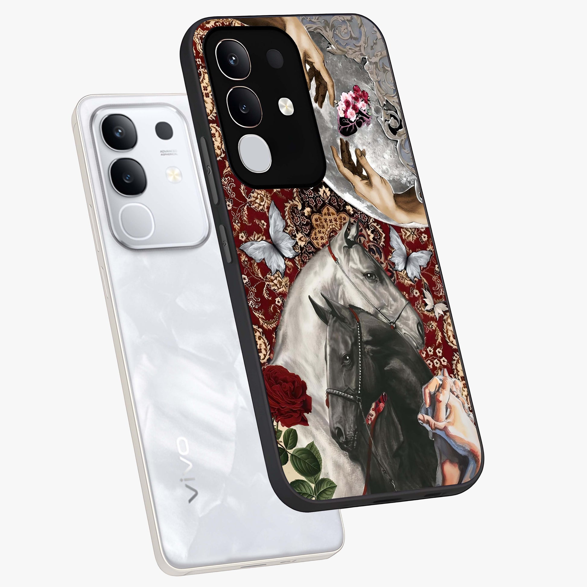 Moonlit Royal Stallion Glass Case displayed in angled mockup highlighting powerful stallion illustration with royal night aesthetic.