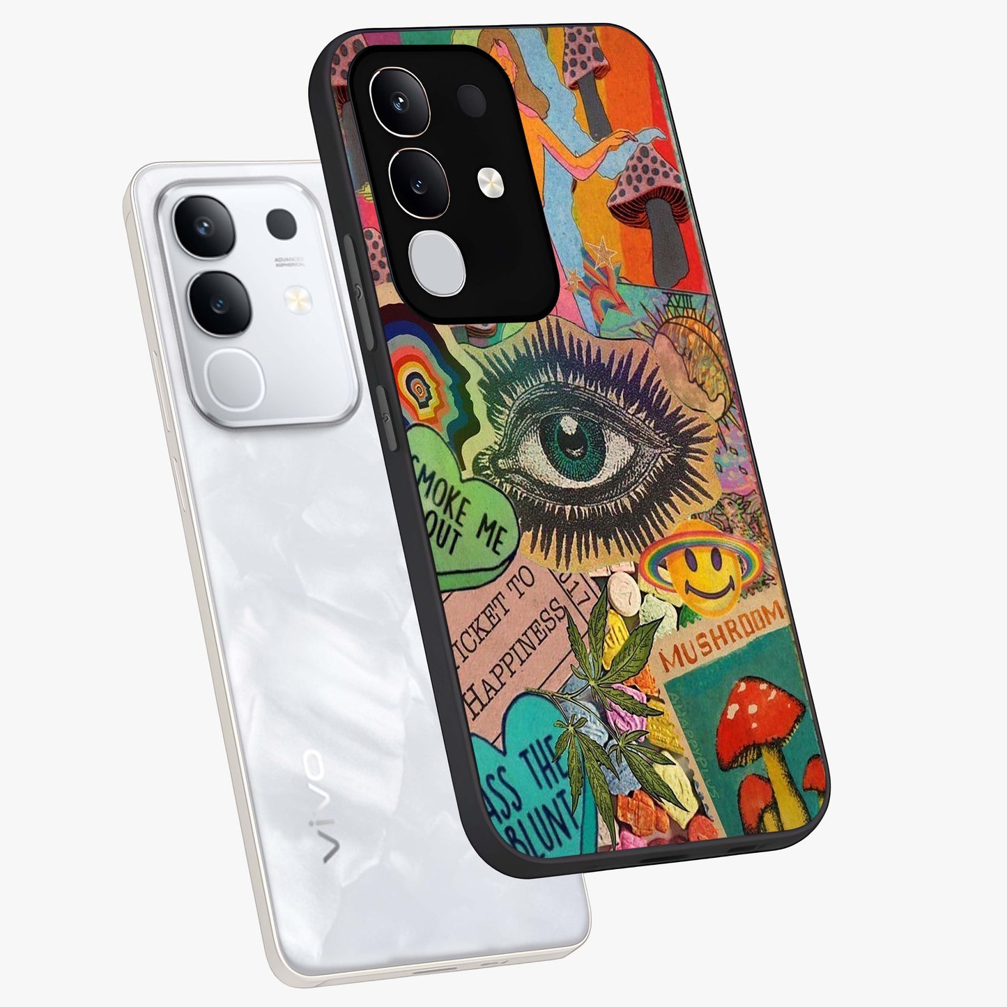 Mystic Eye Wonderland Glass Case displayed in angled mockup highlighting magical eye illustration with dreamy aesthetic.