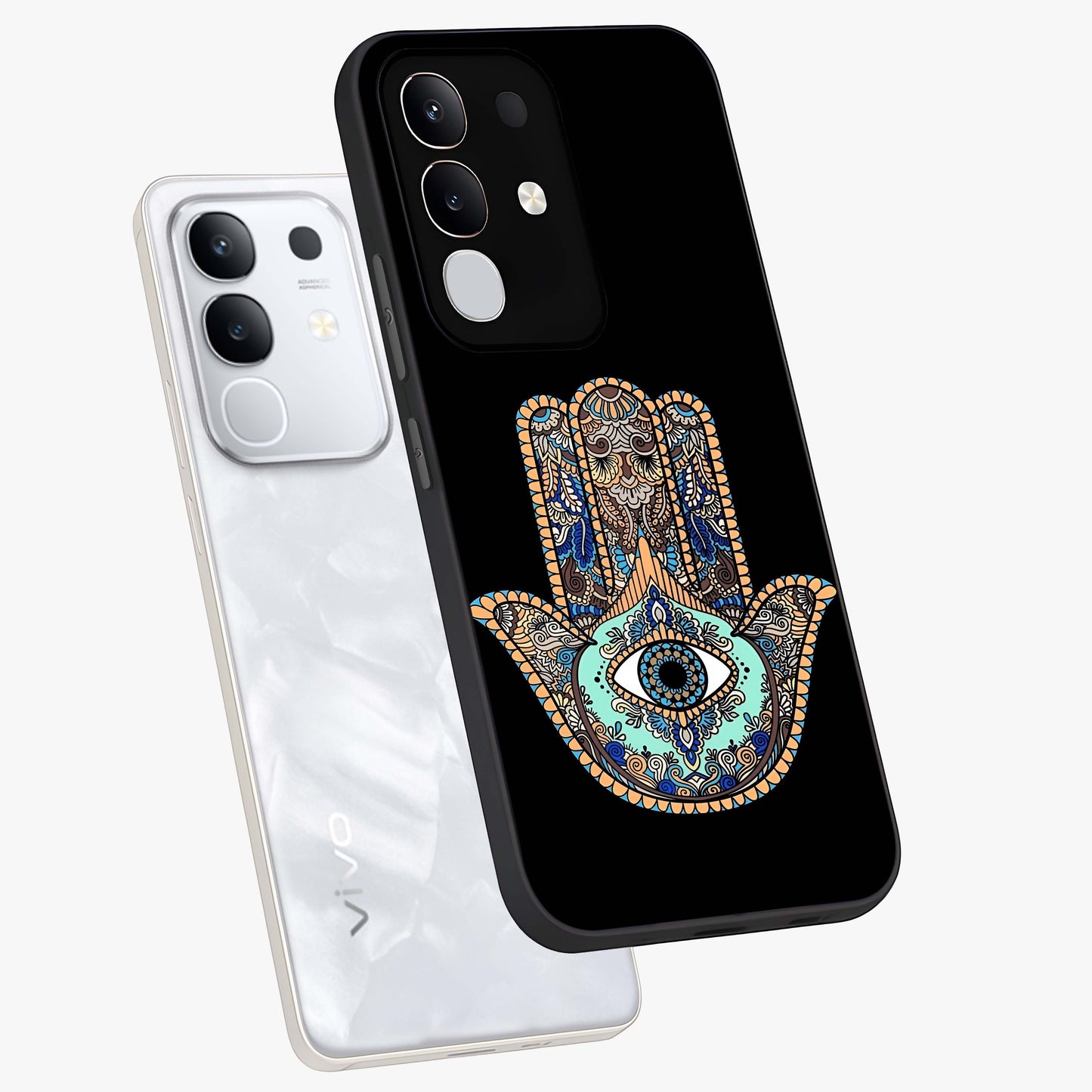 Mystic Hamsa Eye Glass Case displayed in angled mockup highlighting spiritual hamsa symbol with mystical aesthetic style.
