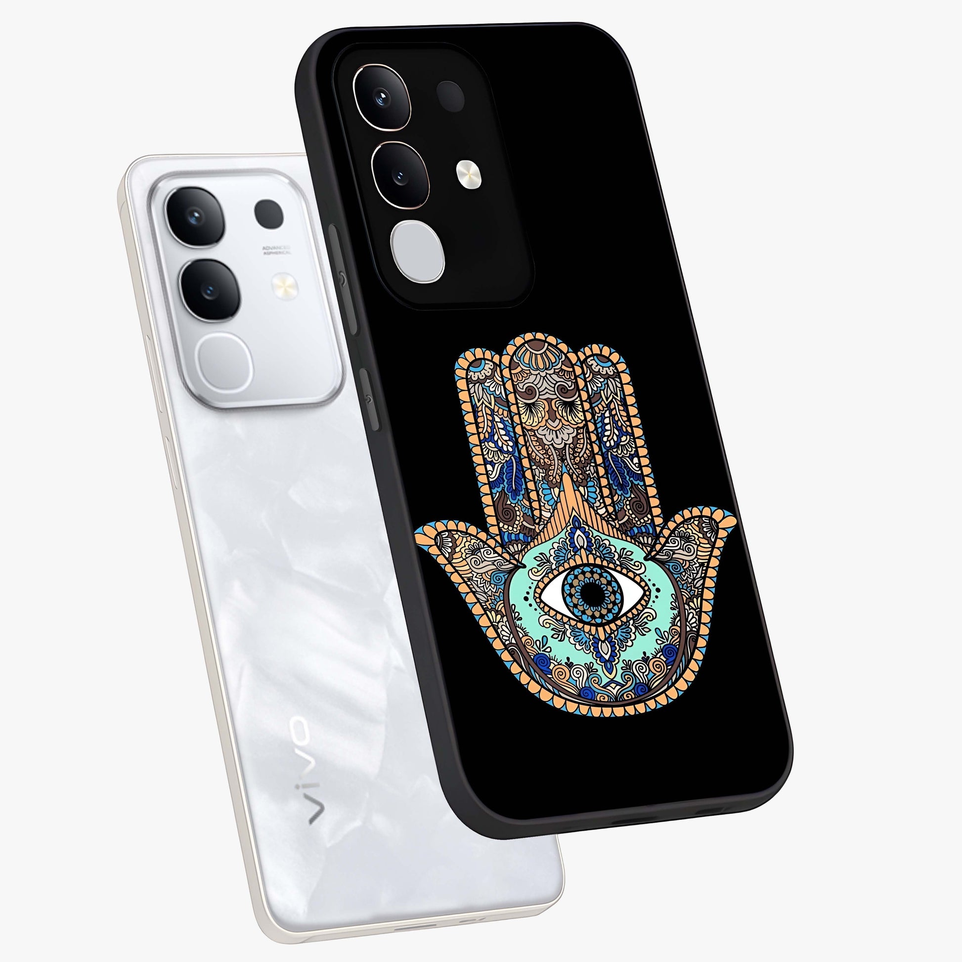 Mystic Hamsa Eye Glass Case displayed in angled mockup highlighting spiritual hamsa symbol with mystical aesthetic style.