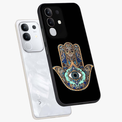 Mystic Hamsa Eye Glass Case displayed in angled mockup highlighting spiritual hamsa symbol with mystical aesthetic style.