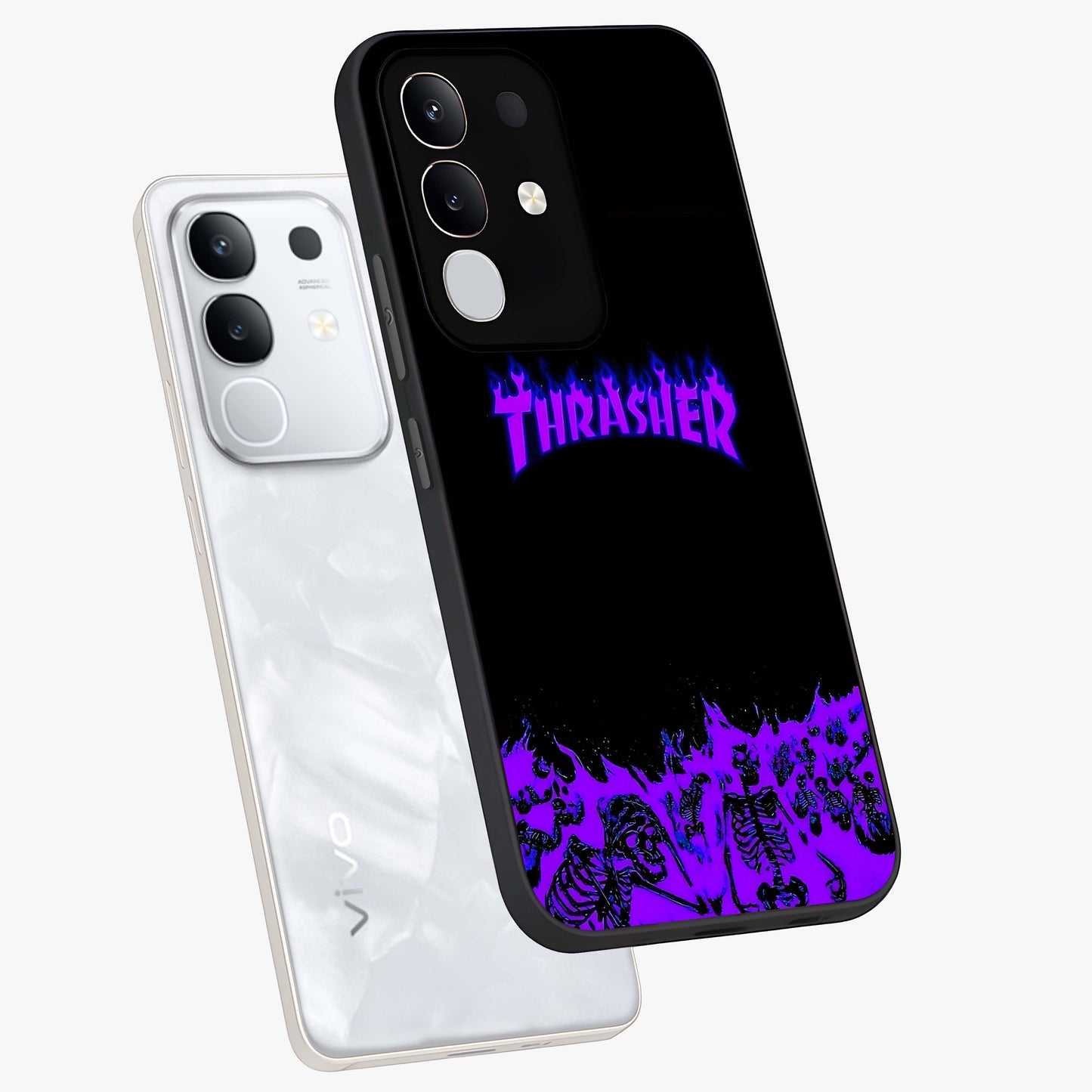 Neon Flame Riot Glass Case displayed in angled mockup highlighting glowing flame design with vibrant neon aesthetic.