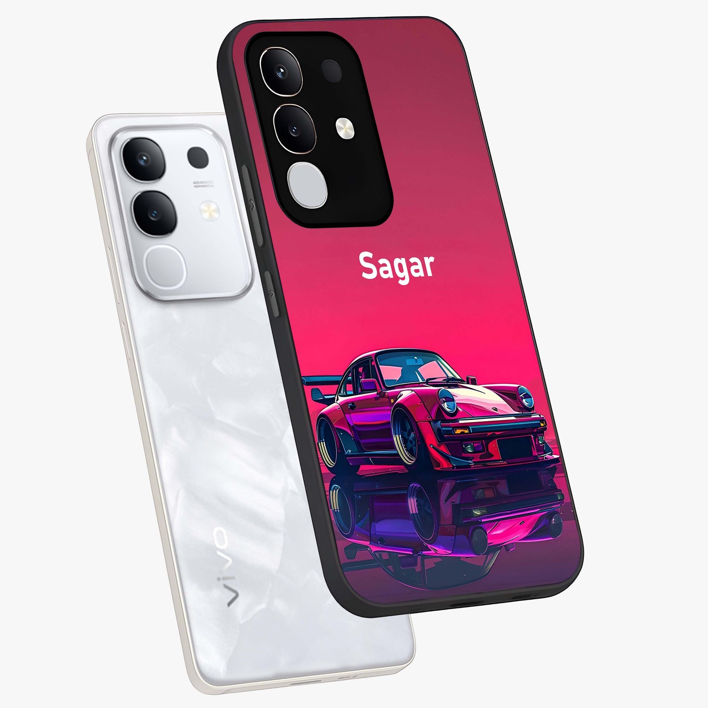 Neon Pink Porsche Glass Case displayed in angled mockup highlighting sleek neon pink car design with racing aesthetic.