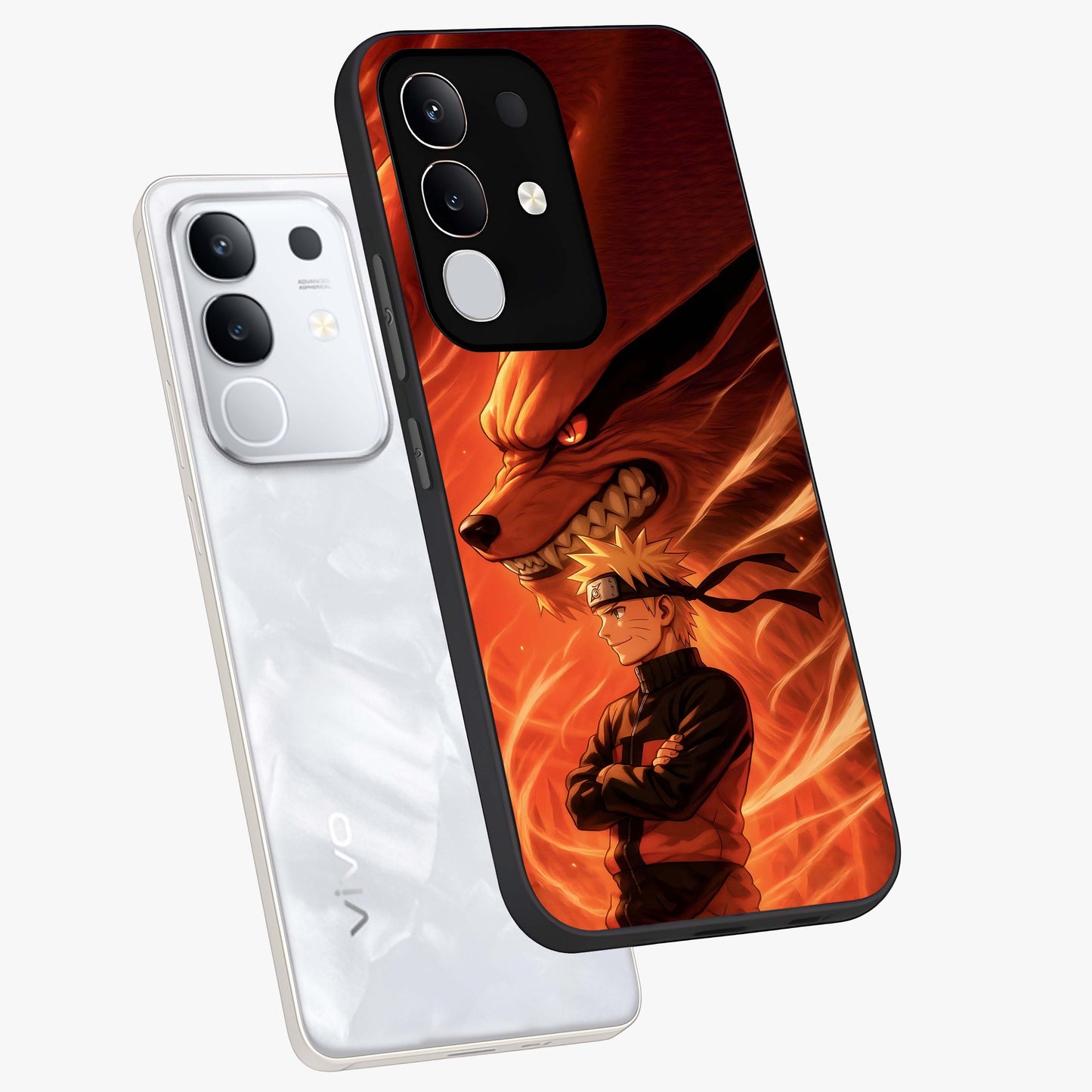 Nine Tails Legacy Glass Case displayed in angled mockup highlighting dynamic anime beast illustration with bold mystical aesthetic.