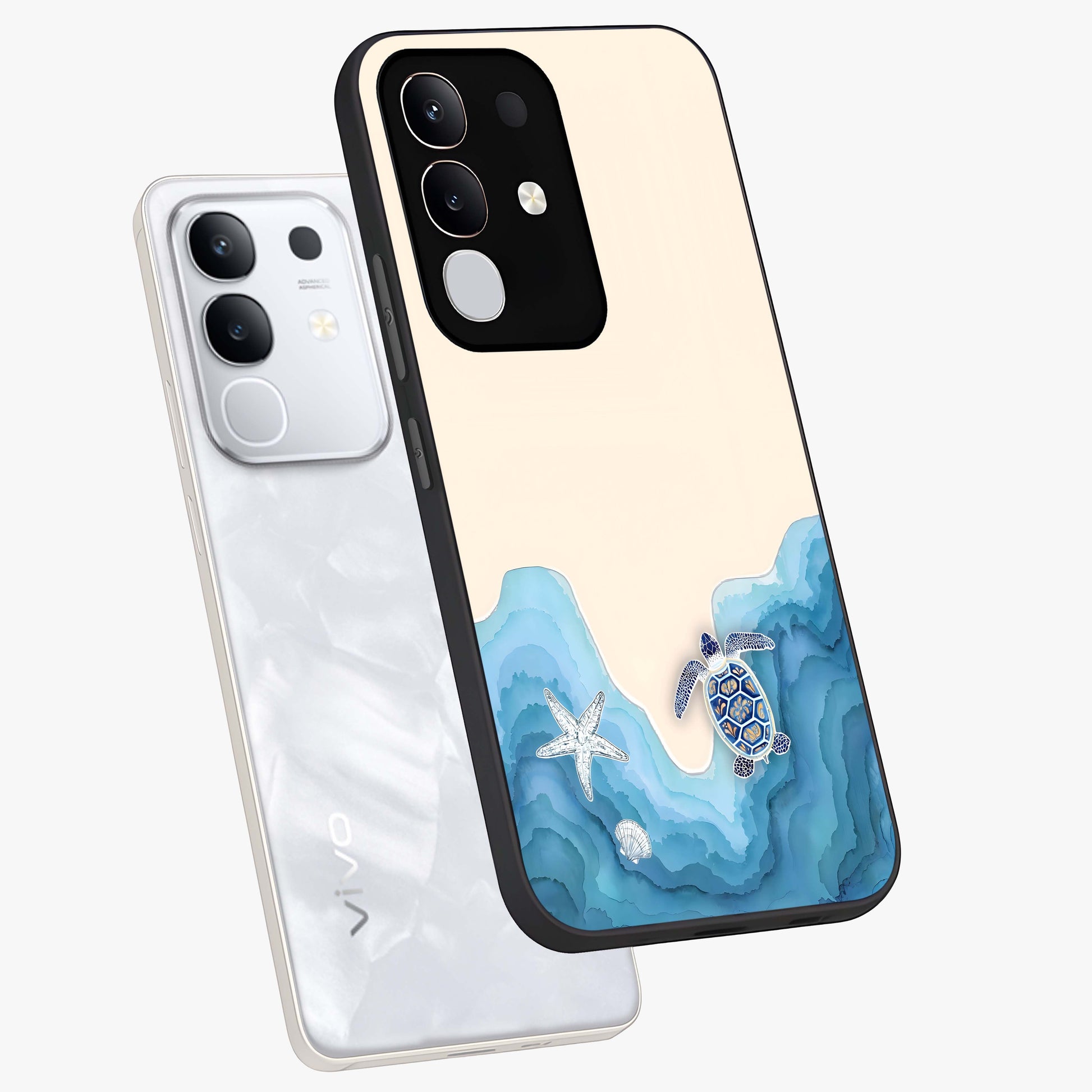 Ocean Drift Turtle Glass Case displayed in angled mockup highlighting peaceful ocean turtle illustration with marine aesthetic.