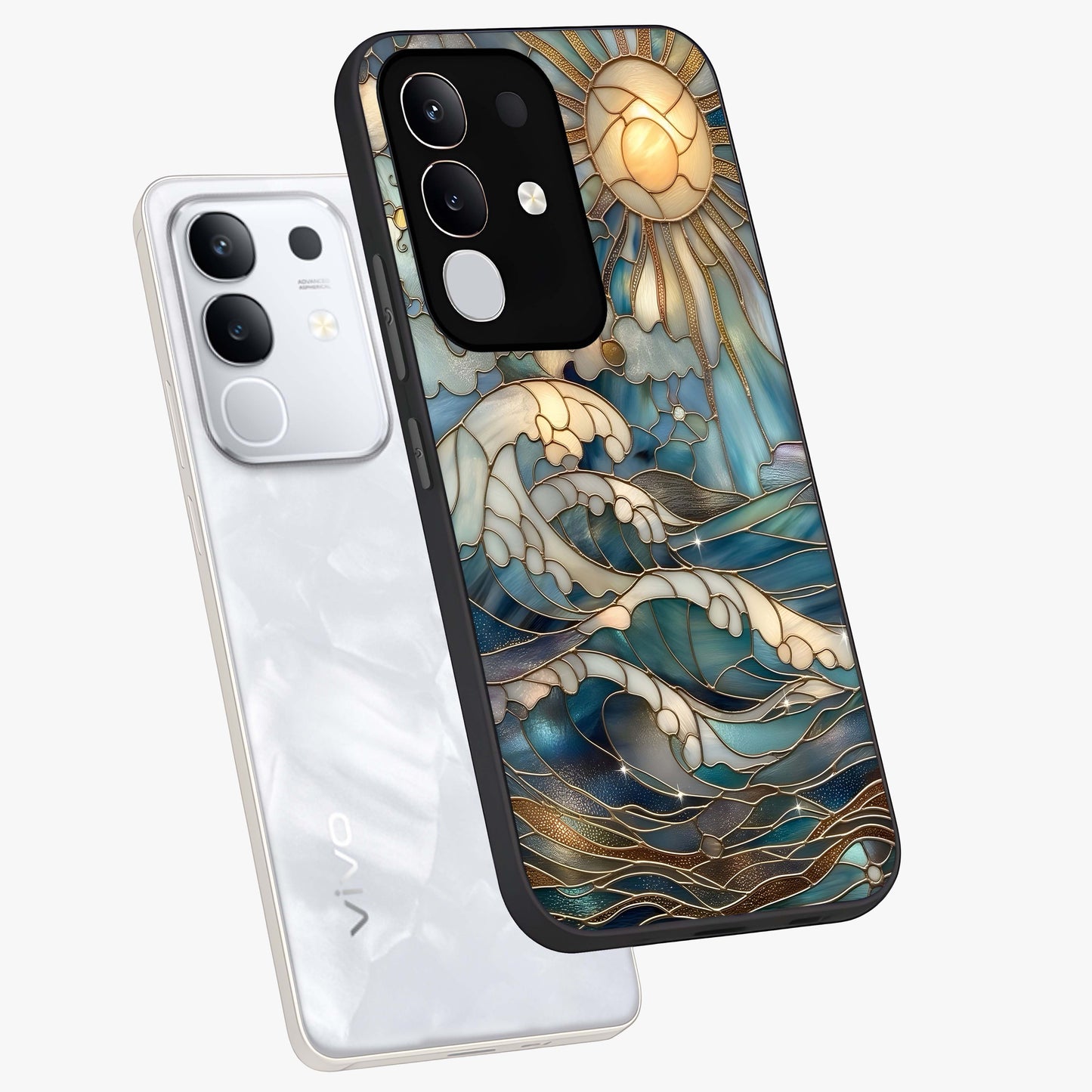 Oceanic Stained Printed Glass Case displayed in angled mockup highlighting colorful aquatic design with artistic aesthetic style.