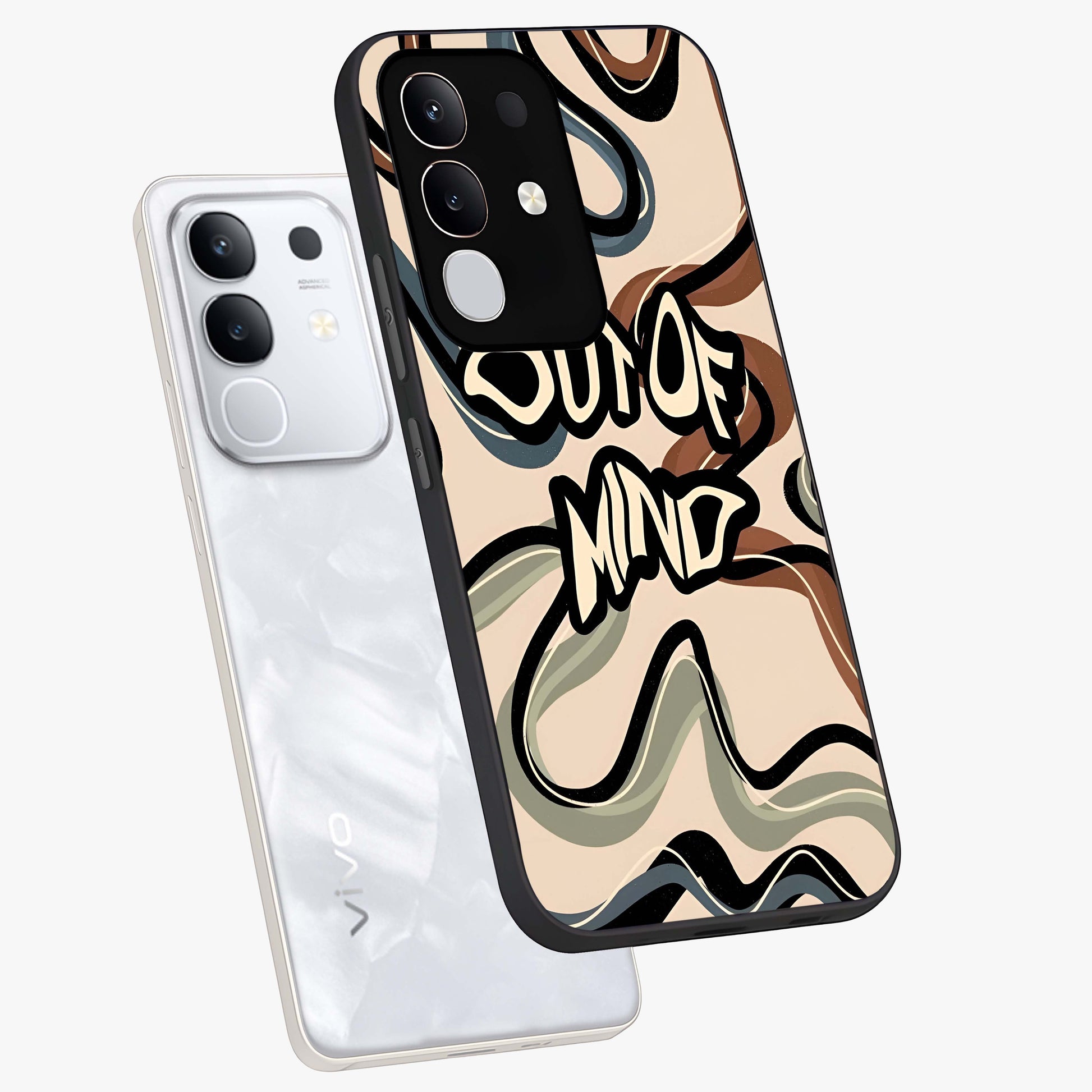 Out Of Mind Glass Case displayed in angled mockup highlighting bold statement design with modern artistic aesthetic.