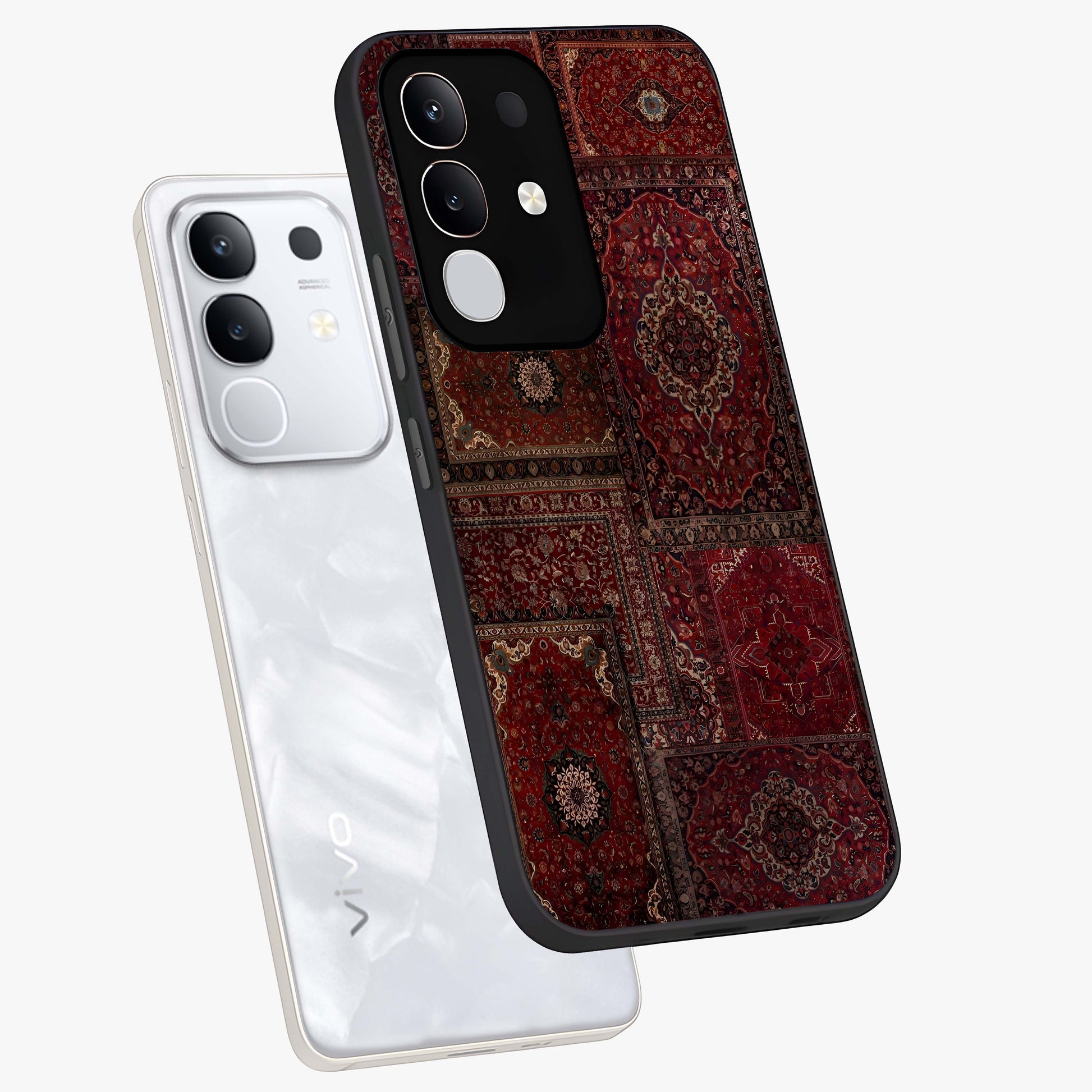 Persian Velvet Tale Glass Case displayed in angled mockup highlighting ornate textile inspired design with royal aesthetic.