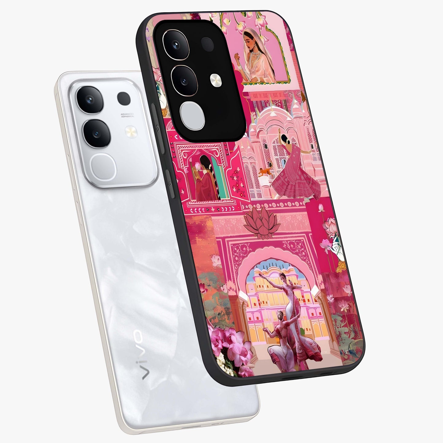 Pink Palace Muse Glass Case displayed in angled mockup highlighting dreamy palace illustration with soft pink aesthetic.