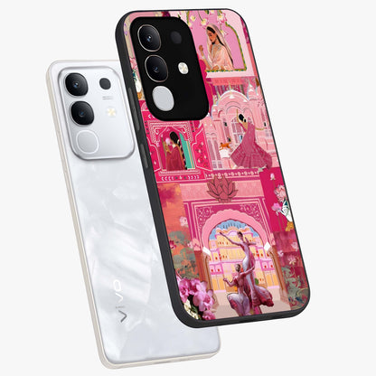 Pink Palace Muse Glass Case displayed in angled mockup highlighting dreamy palace illustration with soft pink aesthetic.