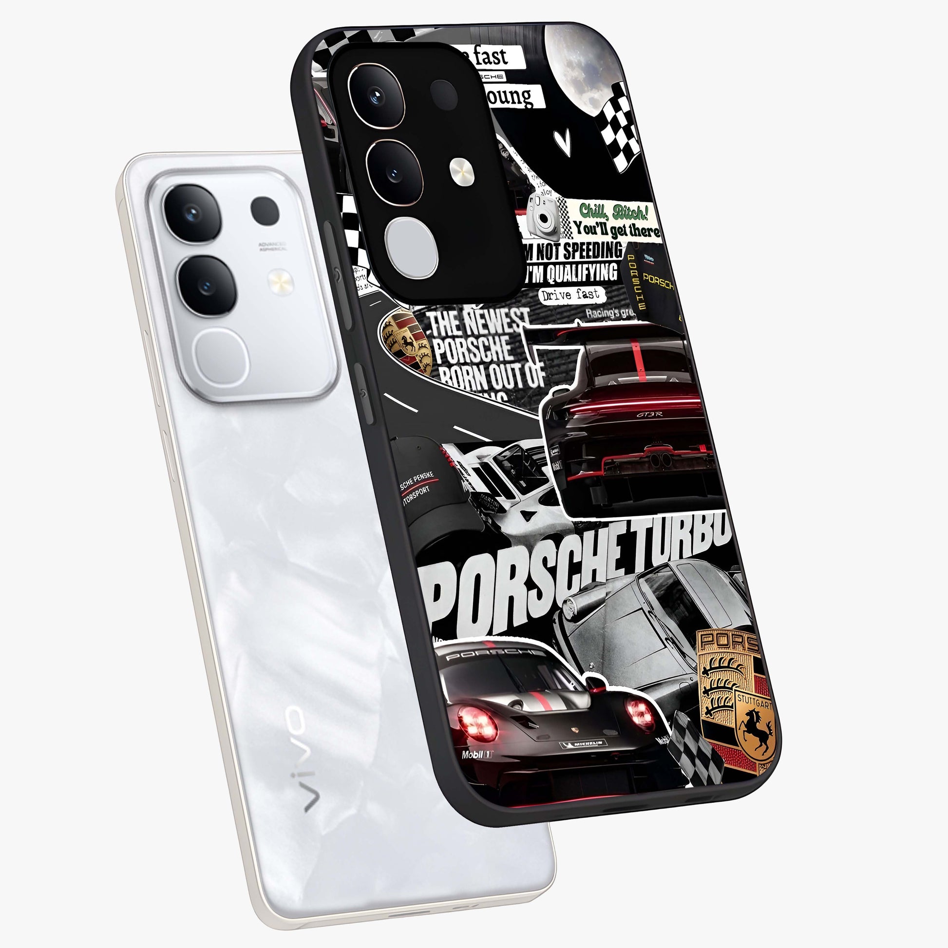 Porsche Racing Collage Glass Case displayed in angled mockup highlighting dynamic automotive design with bold racing aesthetic.