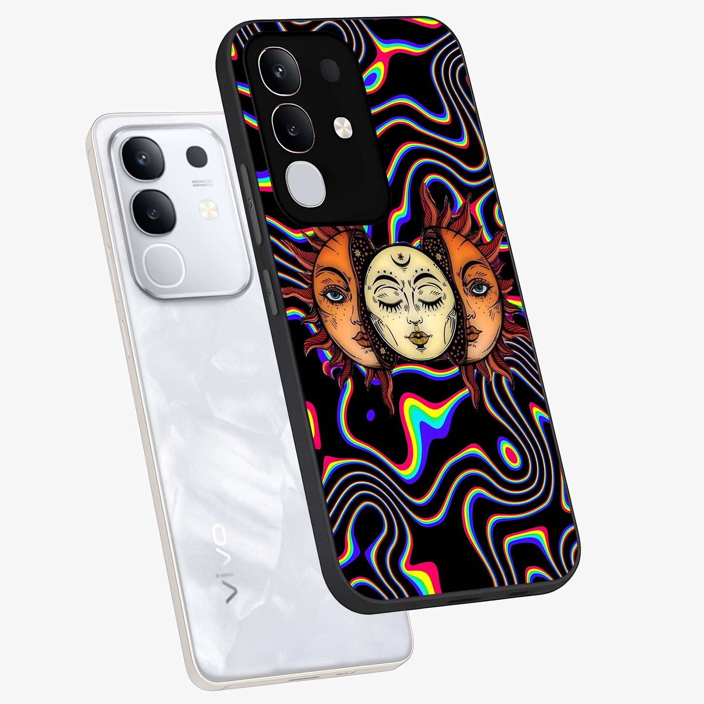 Psychedelic Sun Glass Case displayed in angled mockup highlighting vibrant abstract sun design with artistic aesthetic style.
