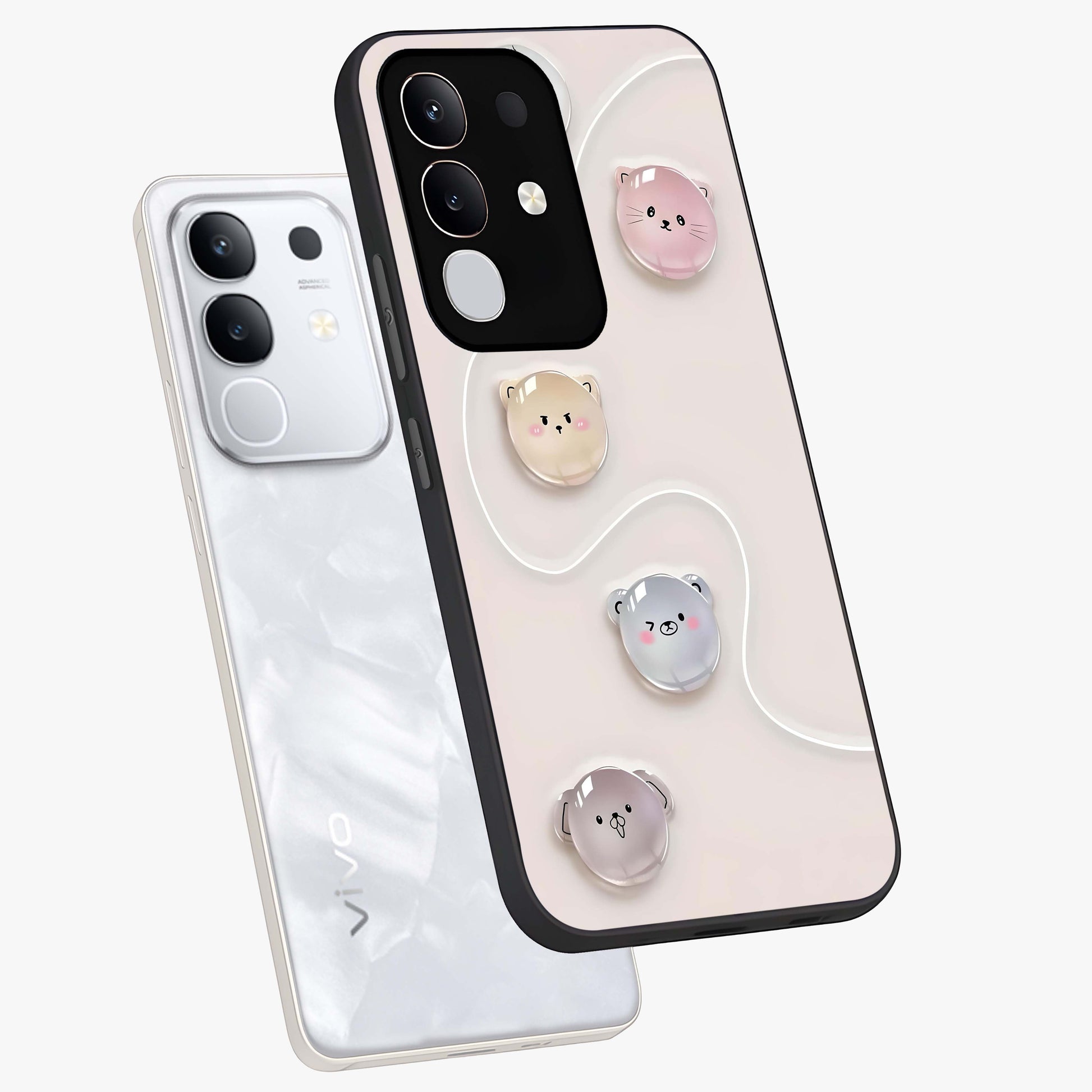 Puffy Face Parade Glass Case displayed in angled mockup highlighting playful cartoon face design with fun aesthetic.
