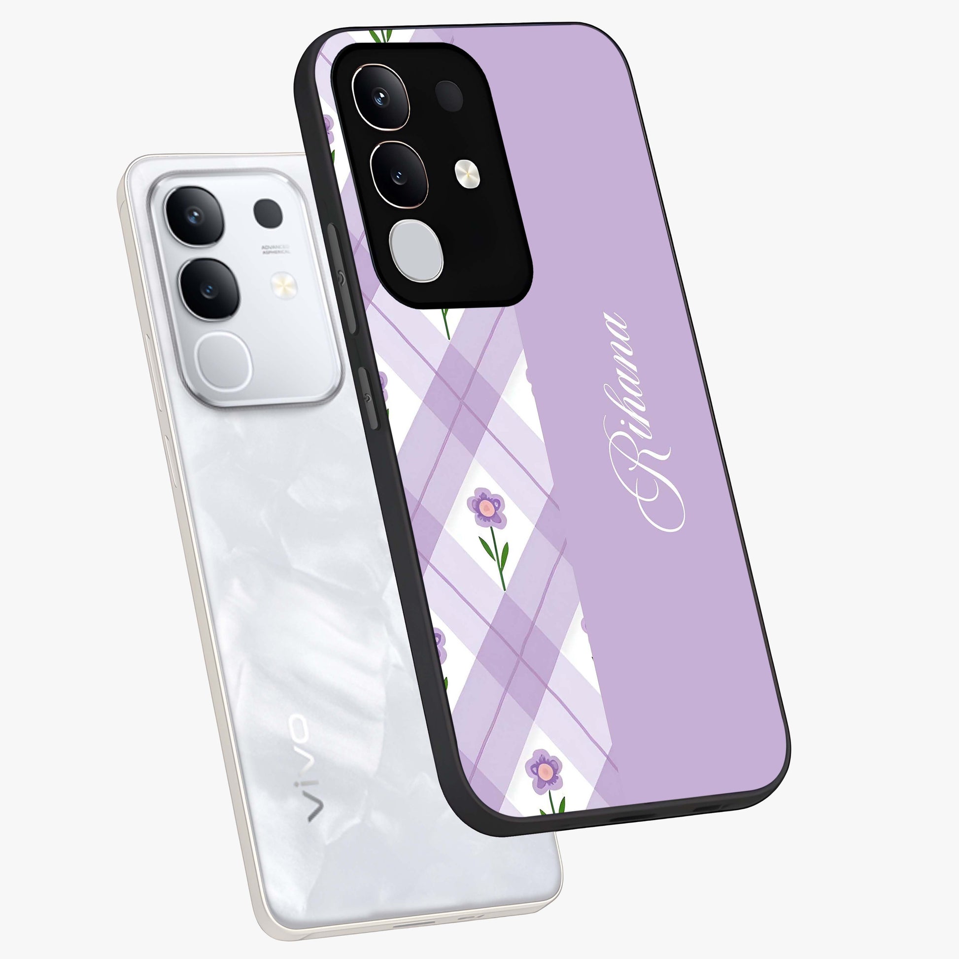 Purple Diamond Floral Glass Case displayed in angled mockup highlighting elegant purple flower design with decorative pattern.