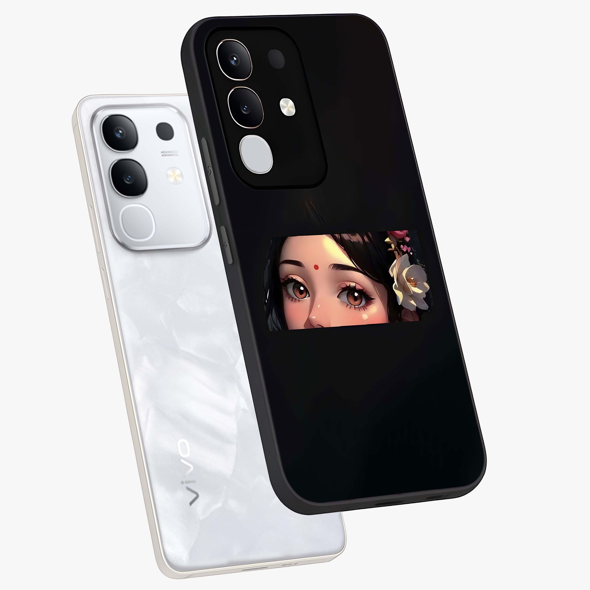 Radha Divine Embrace Glass Case displayed in angled mockup highlighting graceful spiritual illustration with divine aesthetic.