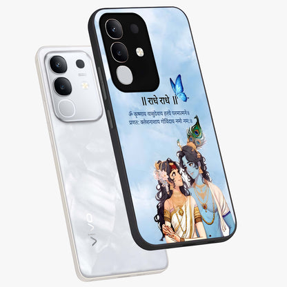 Radha Krishna Eternal Glass Case displayed in angled mockup highlighting divine Radha Krishna illustration with spiritual aesthetic.