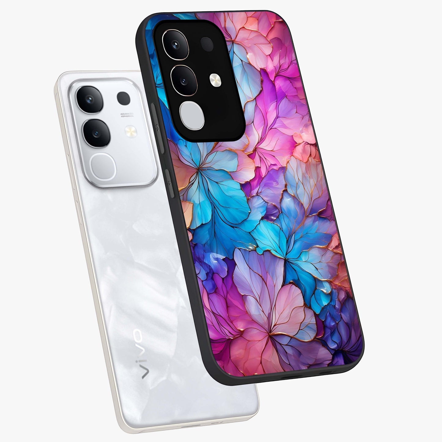 Radiant Floral Whirl Glass Case displayed in angled mockup highlighting vibrant flower pattern with dynamic artistic aesthetic.