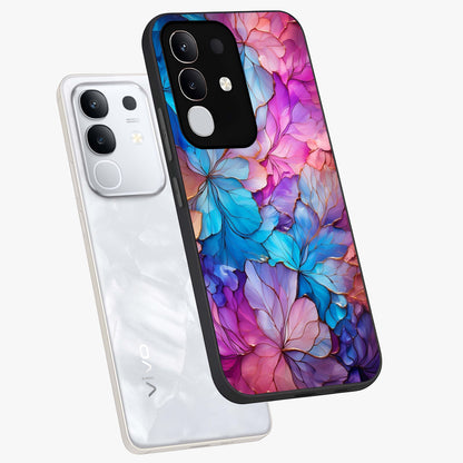 Radiant Floral Whirl Glass Case displayed in angled mockup highlighting vibrant flower pattern with dynamic artistic aesthetic.
