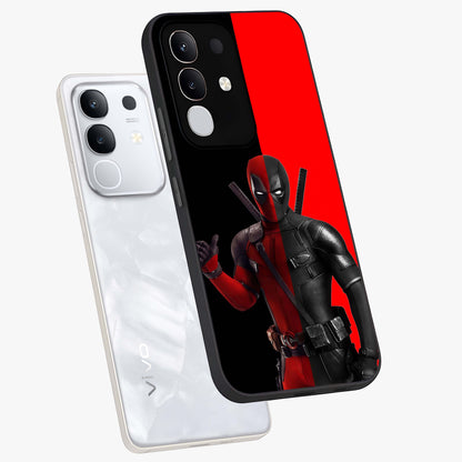 Red & Black Deadpool Theme Glass Case displayed in angled mockup highlighting vibrant superhero style illustration with action aesthetic.