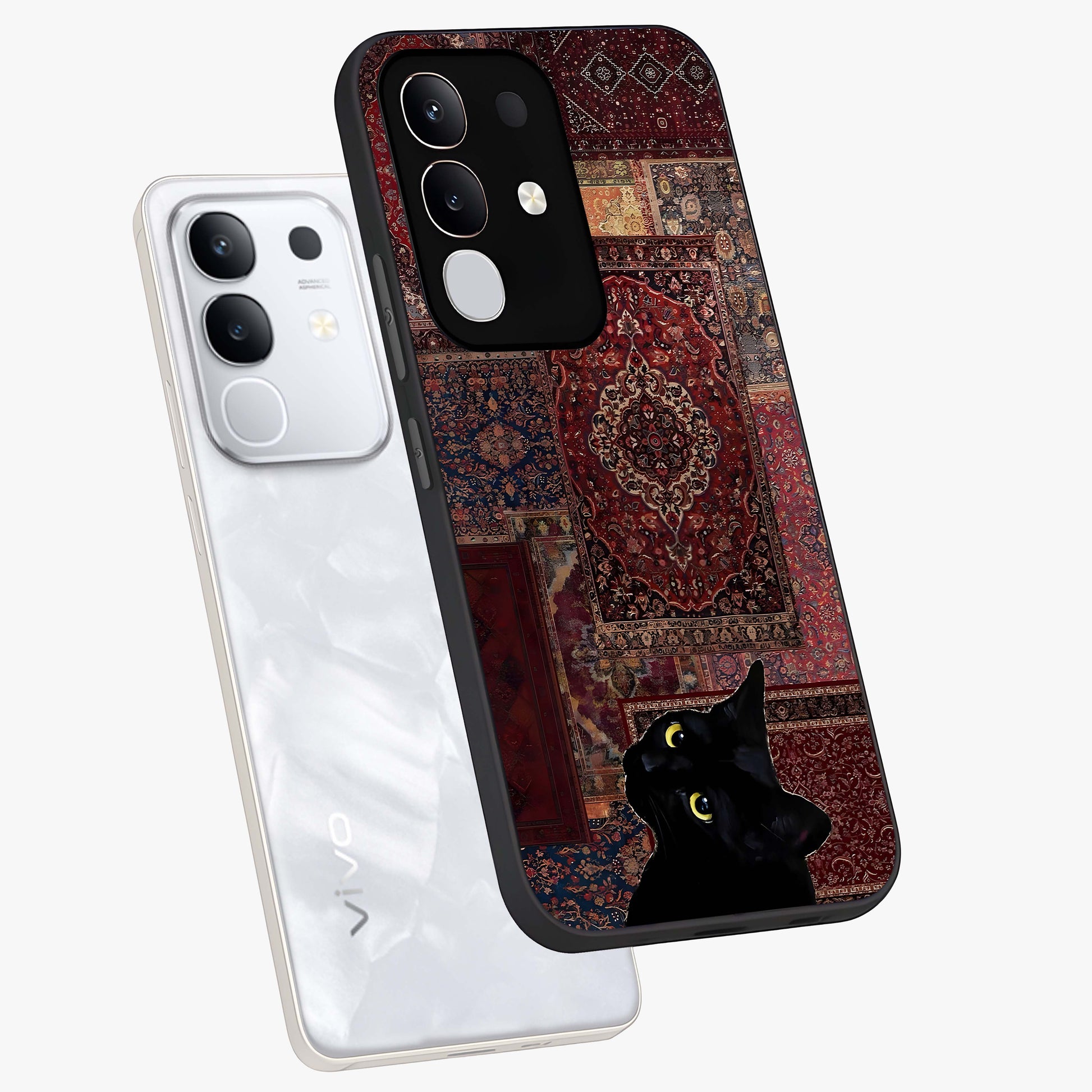 Regal Magic Cat Apple Glass Case displayed in angled mockup highlighting whimsical feline design with fantasy aesthetic.