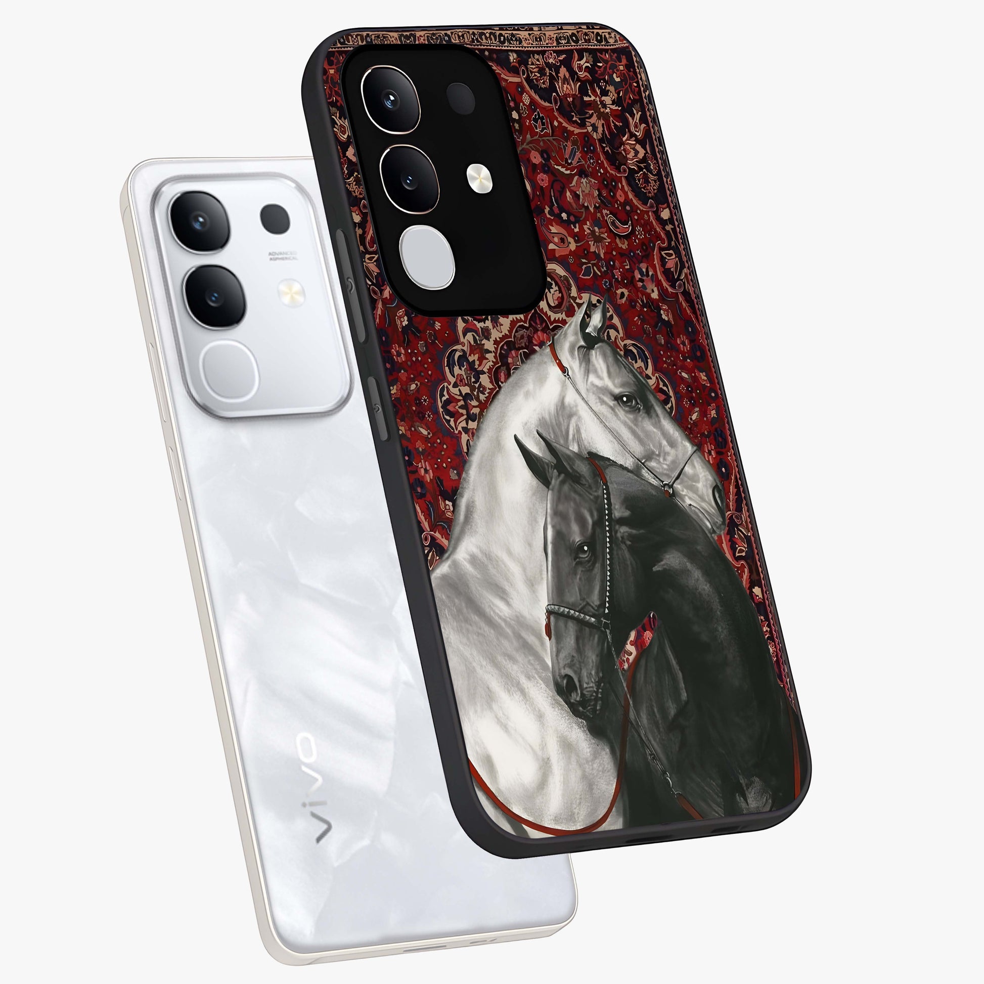 Regal Stallion Tapestry Glass Case displayed in angled mockup highlighting royal stallion design with decorative heritage aesthetic.