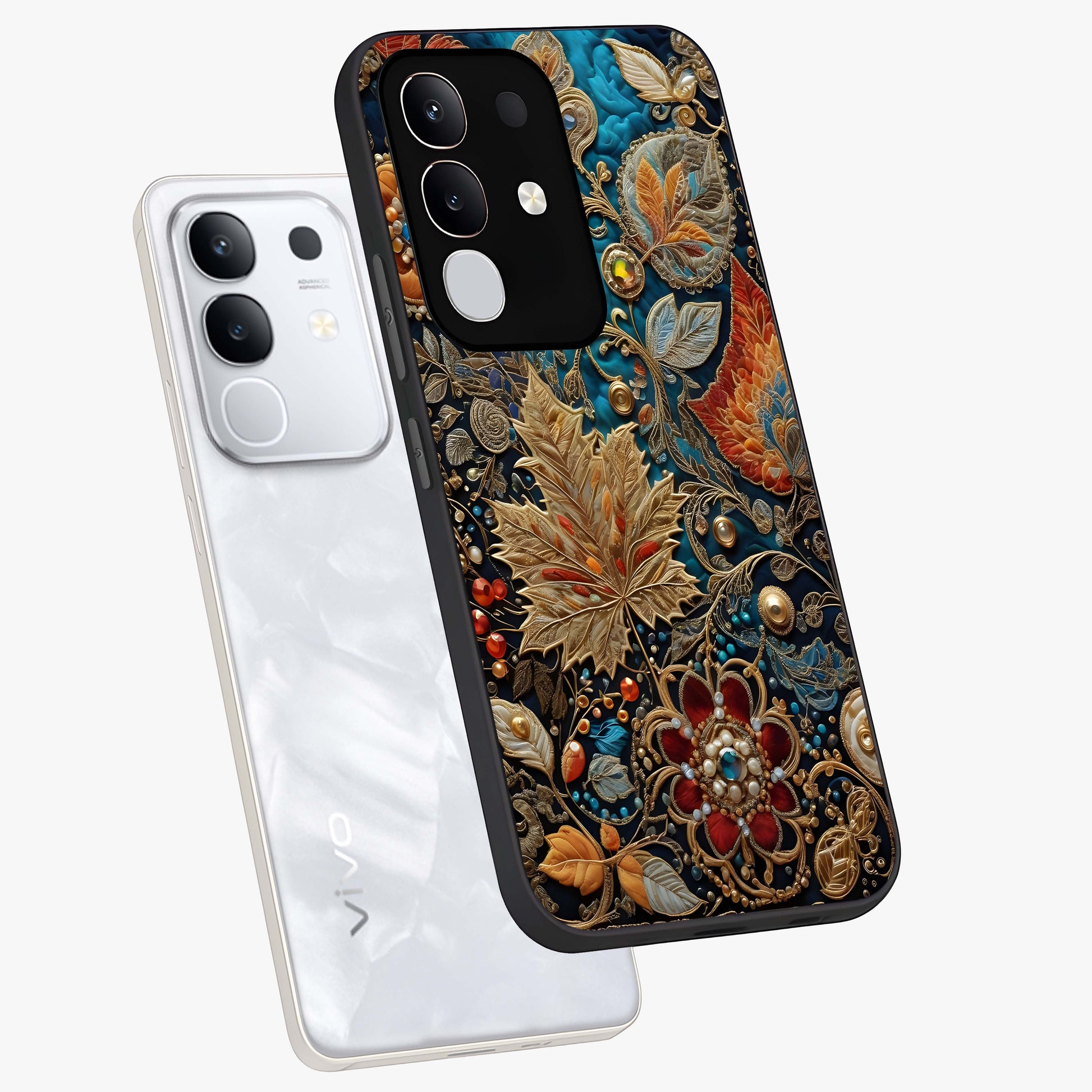 Royal Jewel Garden Glass Case displayed in angled mockup highlighting vibrant jewel inspired floral design with elegant aesthetic.