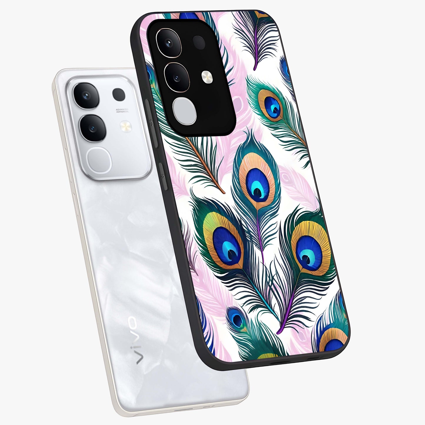 Royal Peacock Feathers Glass Case displayed in angled mockup highlighting vibrant feather pattern with regal aesthetic style.