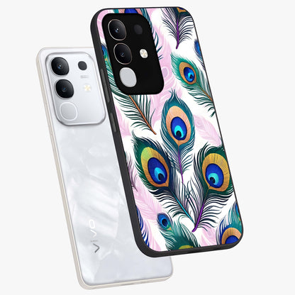 Royal Peacock Feathers Glass Case displayed in angled mockup highlighting vibrant feather pattern with regal aesthetic style.