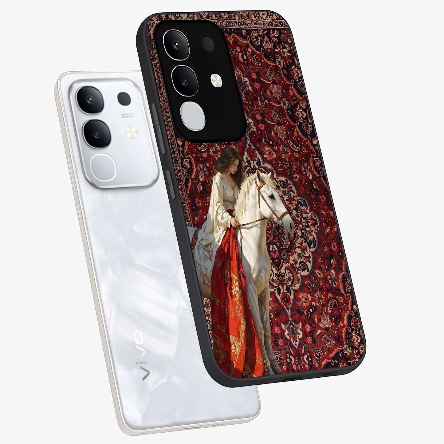 Royal Rider Tapestry Glass Case displayed in angled mockup highlighting traditional tapestry design with royal heritage aesthetic.