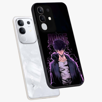 Shadow Monarch Awakening Glass Case displayed in angled mockup highlighting dramatic shadow warrior design with fantasy aesthetic.