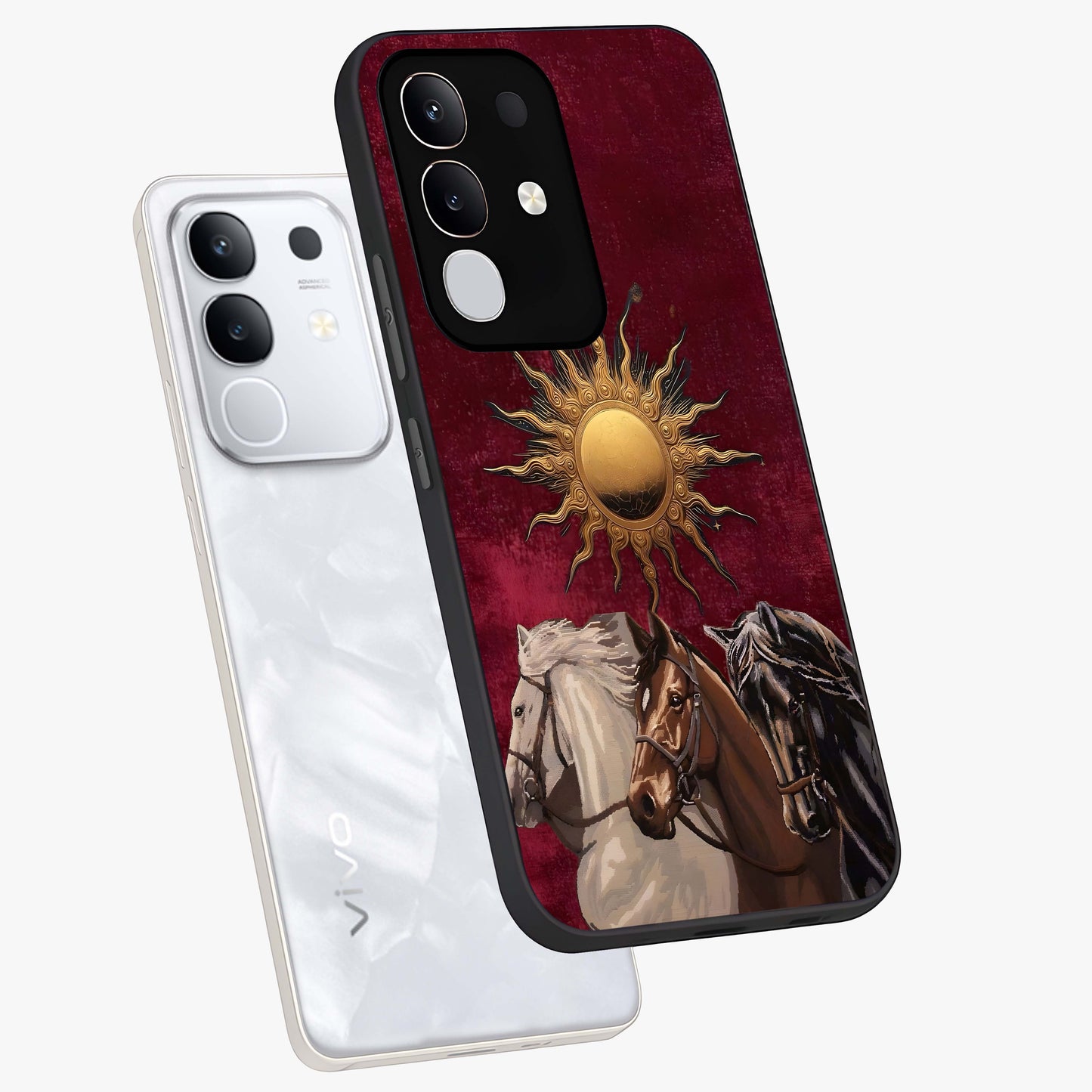 Solar Riders Glass Case displayed in angled mockup highlighting powerful rider illustration with radiant solar aesthetic.