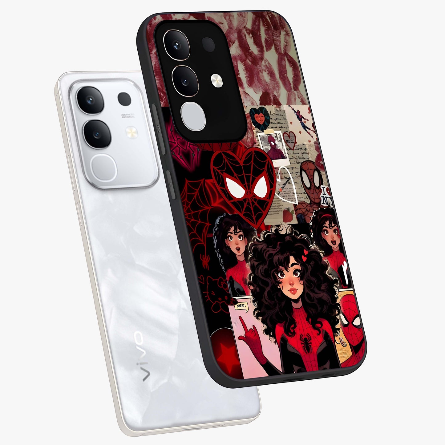 Spider Love Story Glass Case displayed in angled mockup highlighting expressive comic inspired design with playful aesthetic.