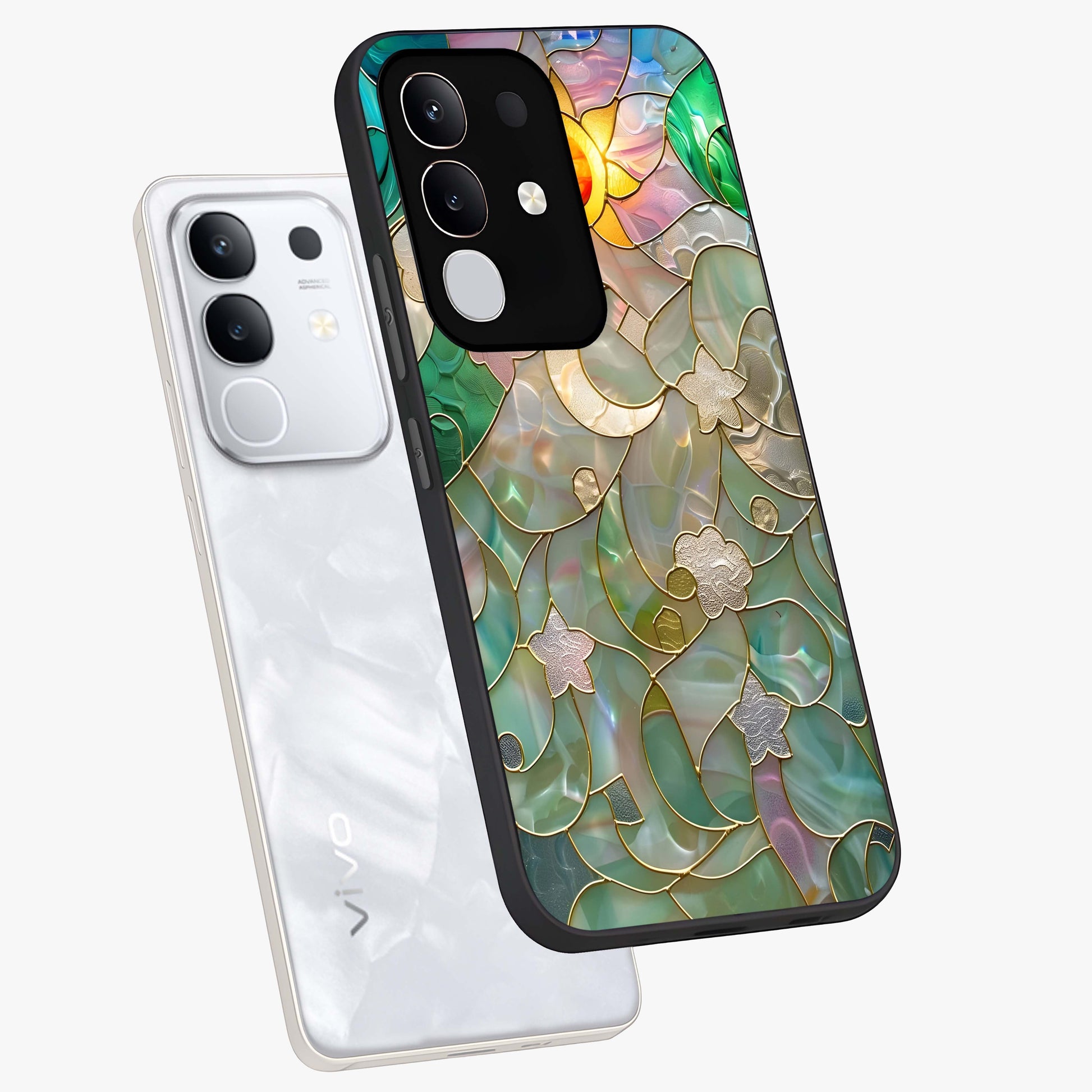 Stained Sunrise Glow Glass Case displayed in angled mockup highlighting radiant sunrise design with artistic aesthetic style.