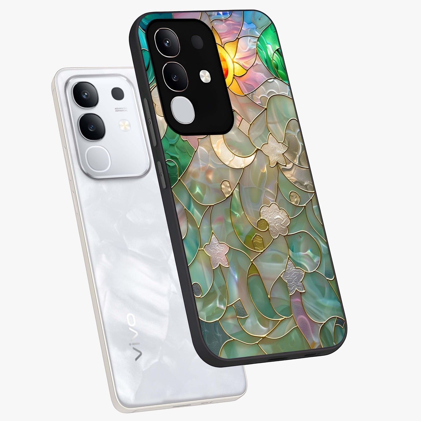 Stained Sunrise Glow Glass Case displayed in angled mockup highlighting radiant sunrise design with artistic aesthetic style.