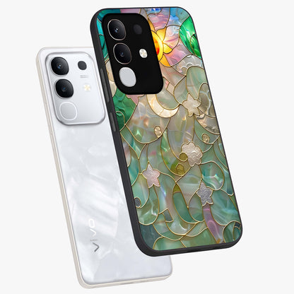Stained Sunrise Glow Glass Case displayed in angled mockup highlighting radiant sunrise design with artistic aesthetic style.