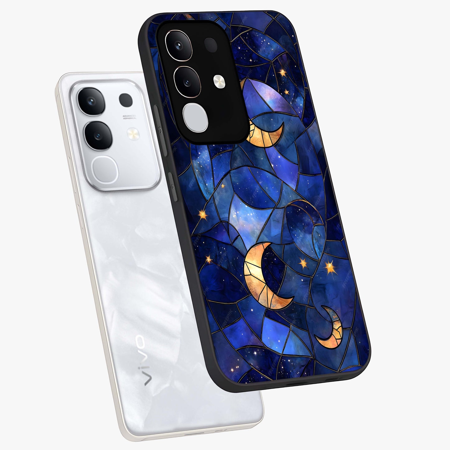 Starlit Sky Tapestry Glass Case displayed in angled mockup highlighting celestial night pattern with artistic aesthetic style.