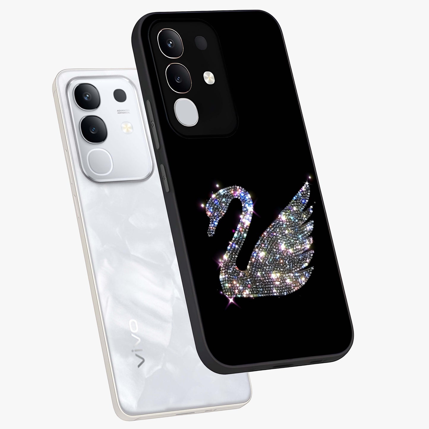 Starlit Swan Grace Glass Case displayed in angled mockup highlighting elegant swan illustration with dreamy celestial aesthetic.
