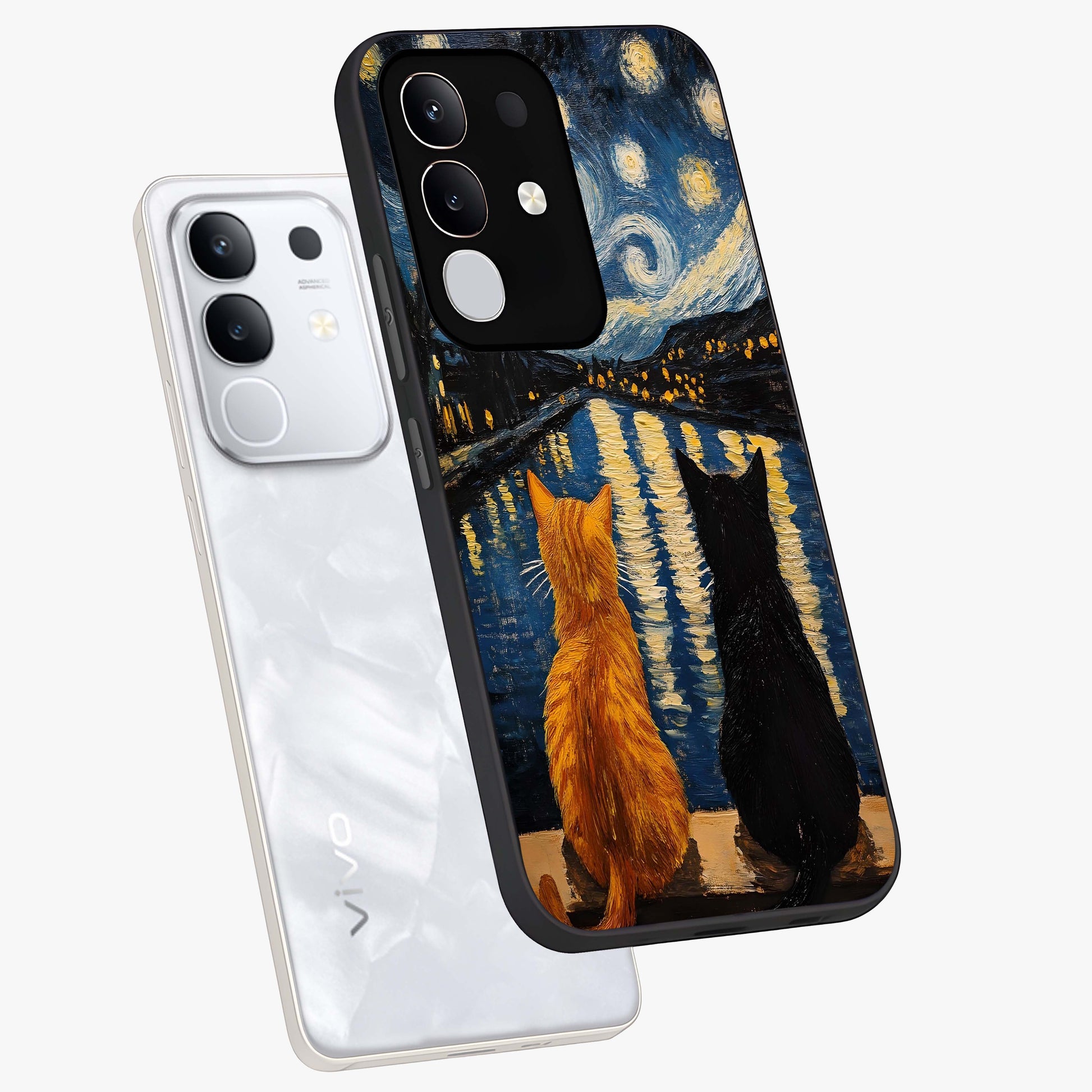 Starry River Cats Glass Case displayed in angled mockup highlighting charming feline illustration with dreamy night aesthetic.