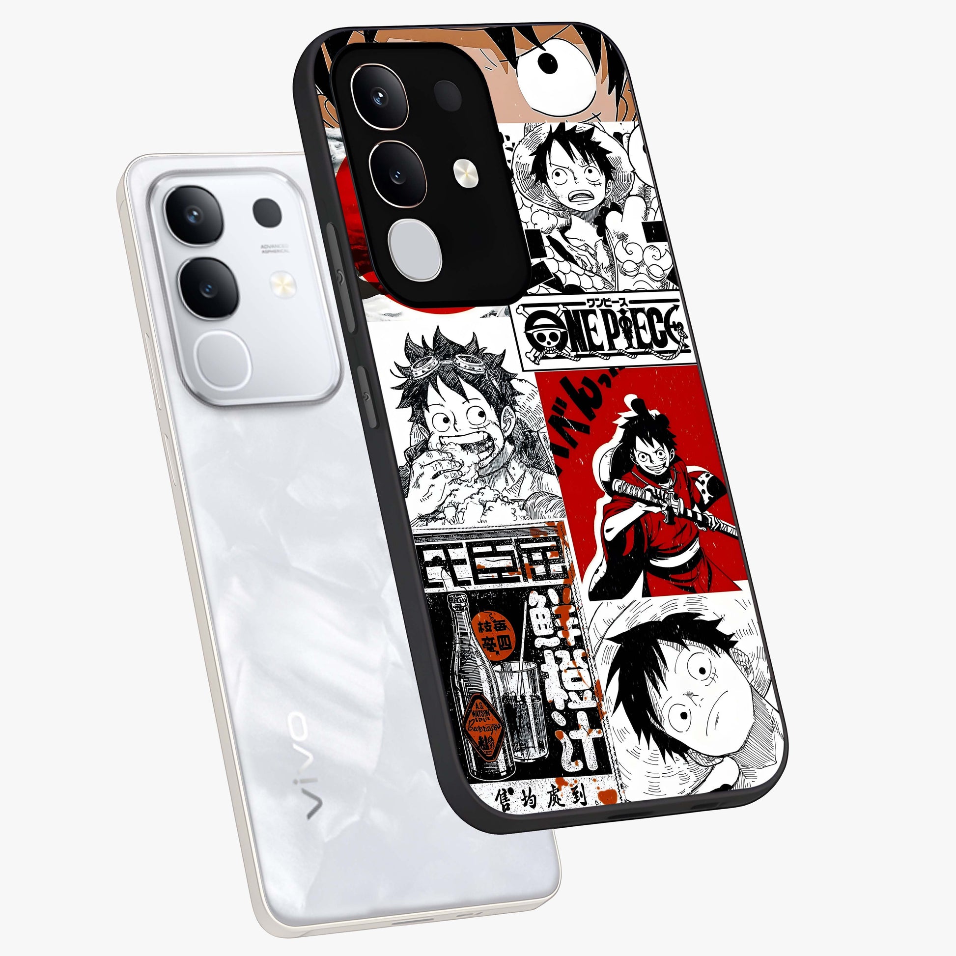Strawhat Chaos Panels Glass Case displayed in angled mockup highlighting vibrant anime collage design with action aesthetic.