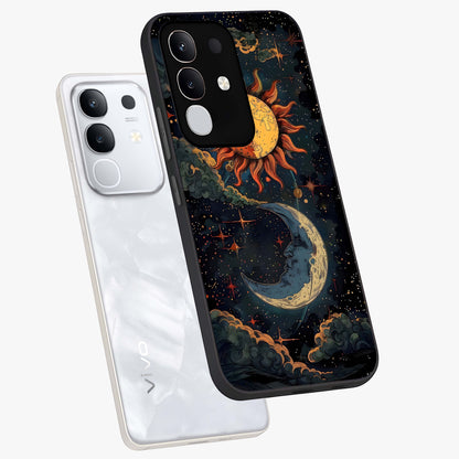 Sun And Moon Magic Design Glass Case displayed in angled mockup highlighting celestial design with magical cosmic aesthetic.