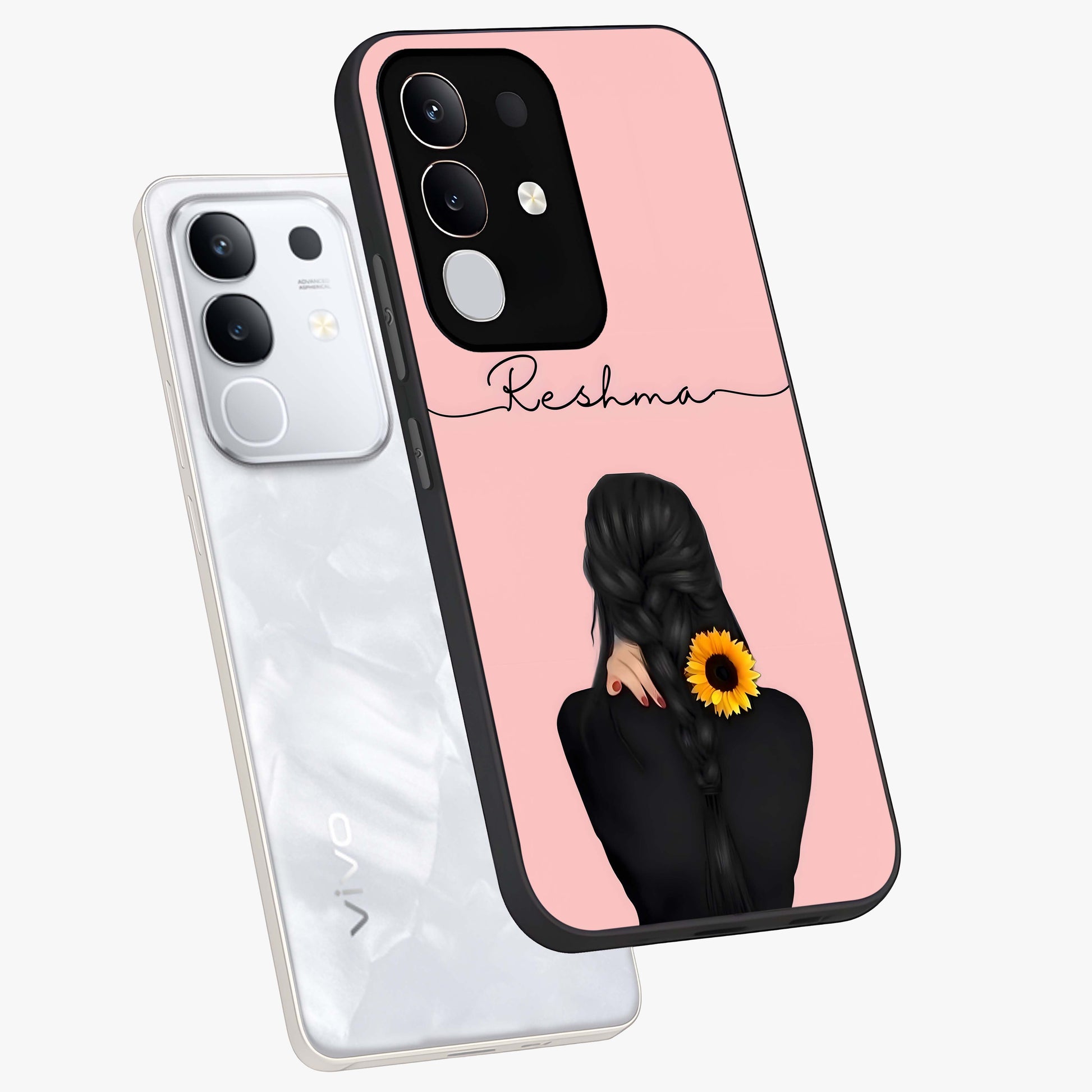 Sunflower Braid Beauty With Custom Name Glass Case displayed in angled mockup highlighting elegant sunflower design with custom name feature.