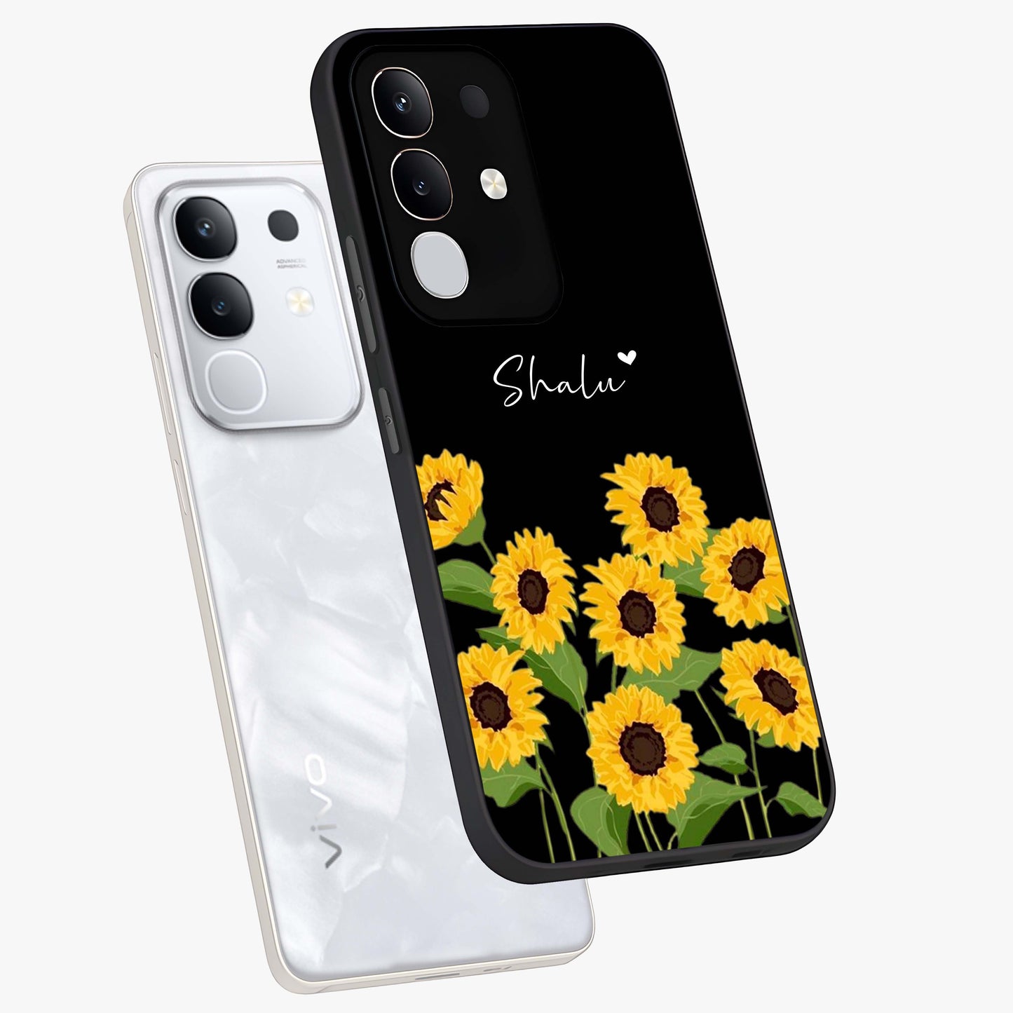 Sunflower Chic Mood Custom Name Glass Case displayed in angled mockup highlighting vibrant sunflower design with custom name feature.