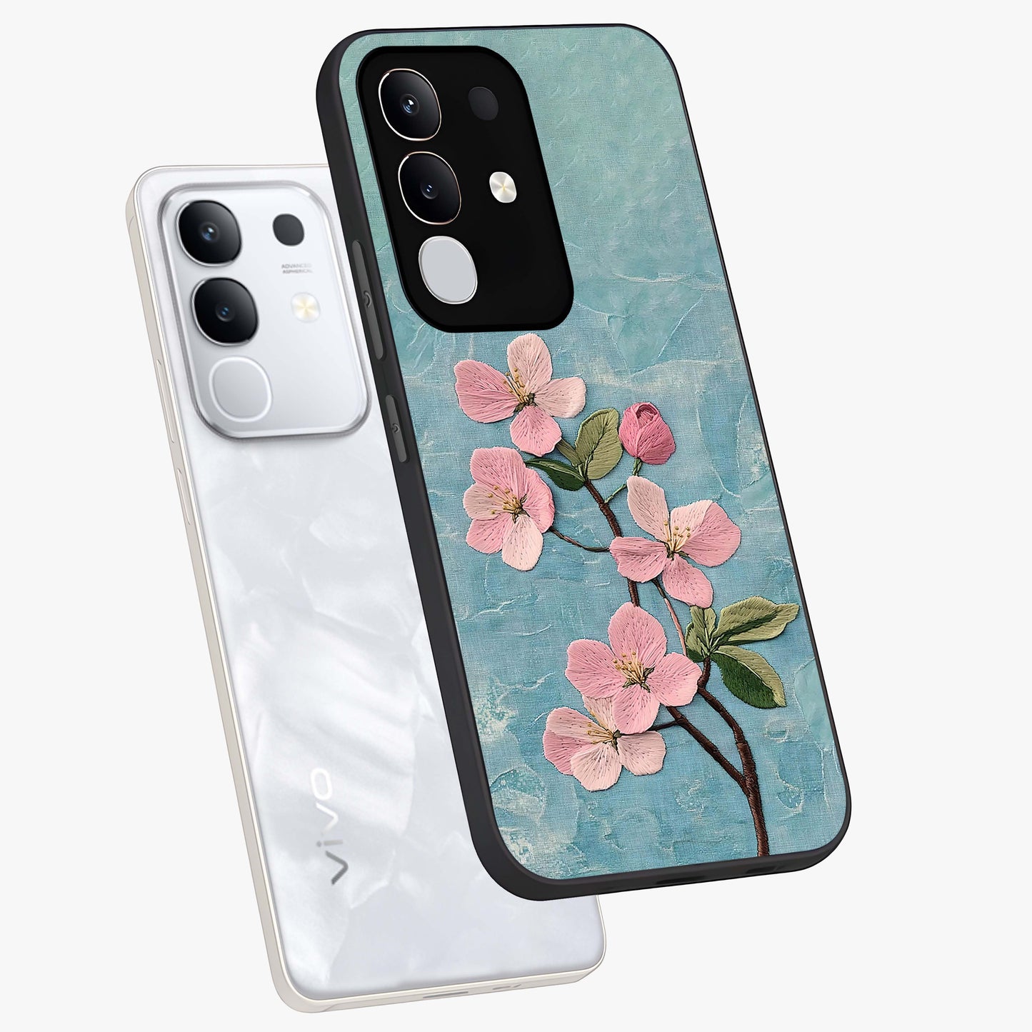 Threaded Blossom Breeze Glass Case displayed in angled mockup highlighting elegant floral design with soft aesthetic style.