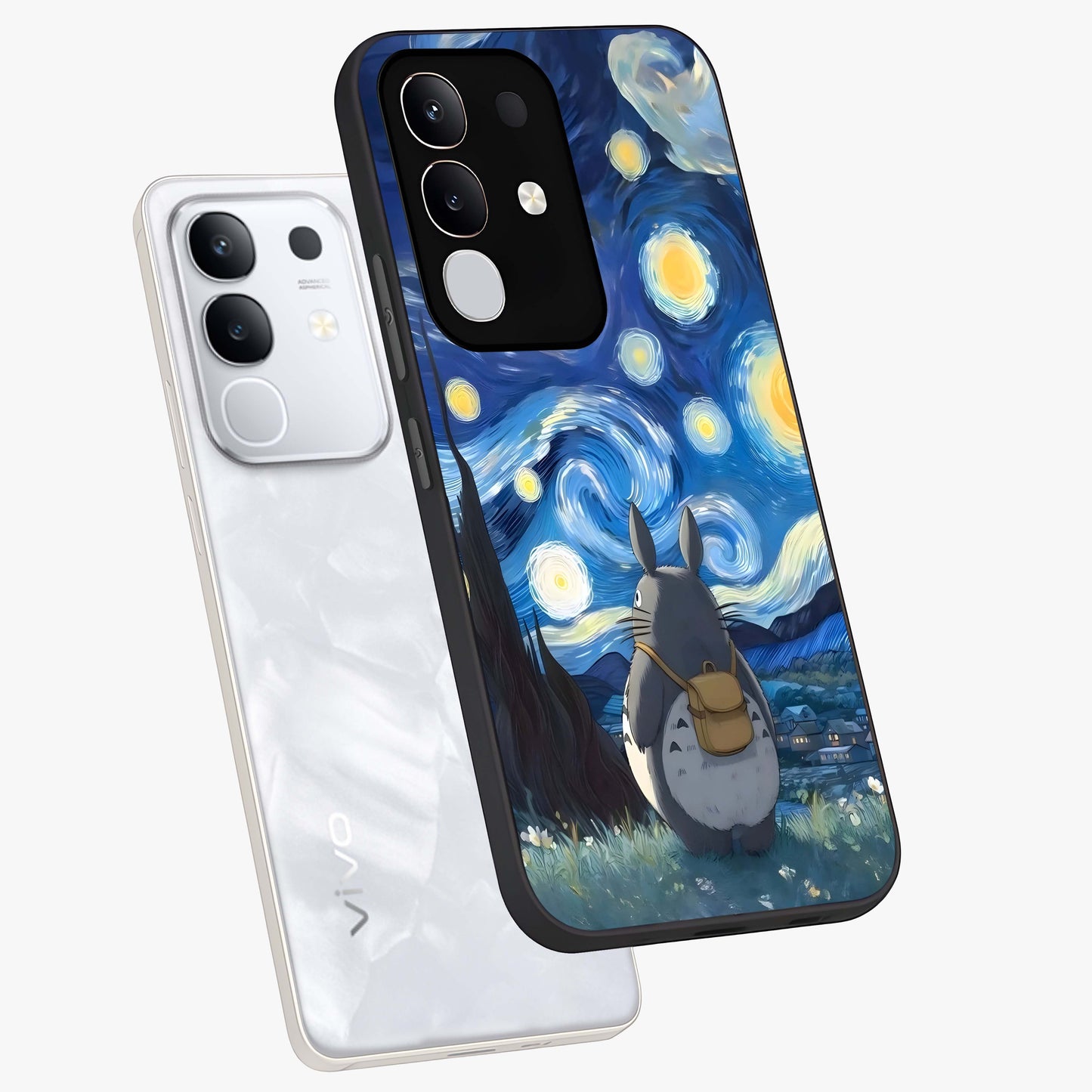 Totoro In Van Gogh Art Glass Case displayed in angled mockup highlighting artistic swirling sky design with playful animation aesthetic.